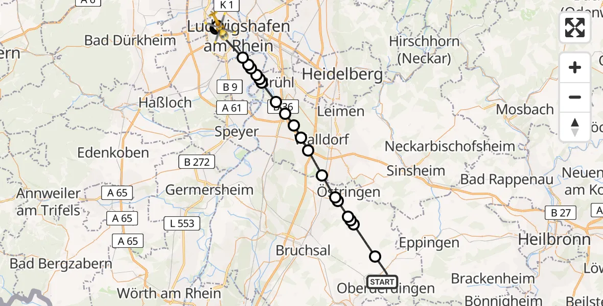 Flugroute Rettungshubschrauber Oberderdingen - Ludwigshafen Accident Hospital, 29 April 2026, 08:49
