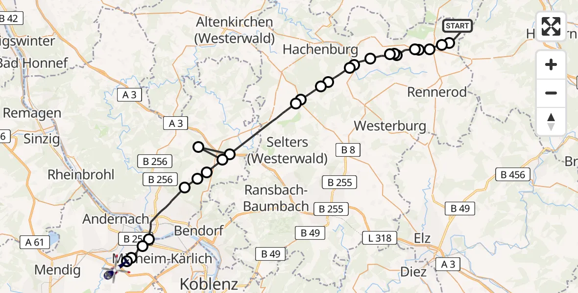 Flugroute Polizeihubschrauber Liebenscheid - Saffig, 29 April 2026, 08:54