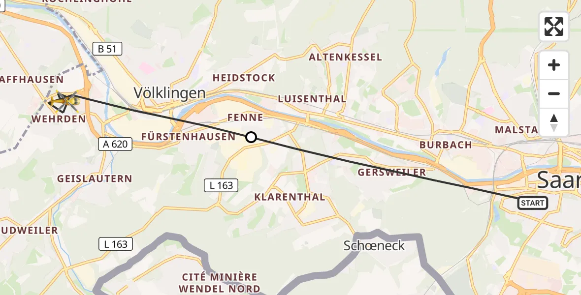 Flugroute Rettungshubschrauber Saarbrücken - Völklingen, 29 April 2026, 08:55