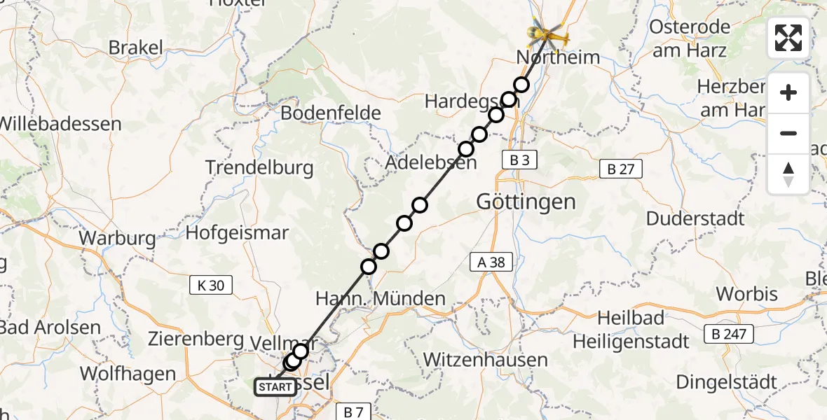 Flugroute Rettungshubschrauber Kassel - Northeim, 29 April 2026, 08:59