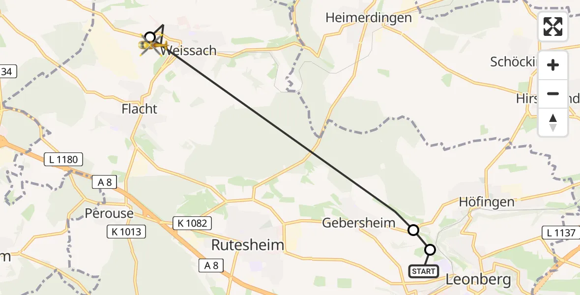 Flugroute Rettungshubschrauber Leonberg Hospital - Weissach, 29 April 2026, 09:03