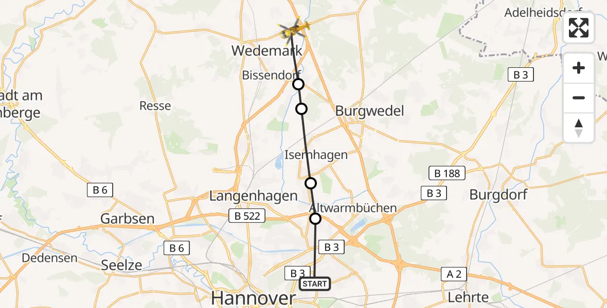 Flugroute Rettungshubschrauber Hannover Luftrettung Hubschrauberlandeplatz (Christoph 4) - Wedemark, 29 April 2026, 09:03