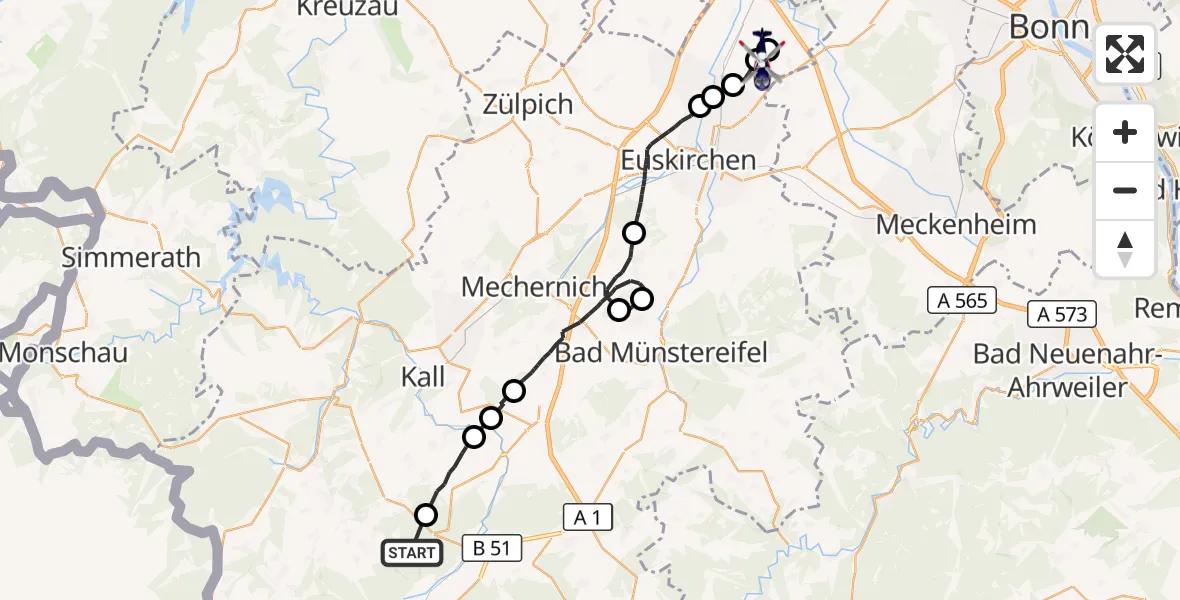 Flugroute Polizeihubschrauber Hellenthal - Weilerswist UL, 29 April 2026, 09:06