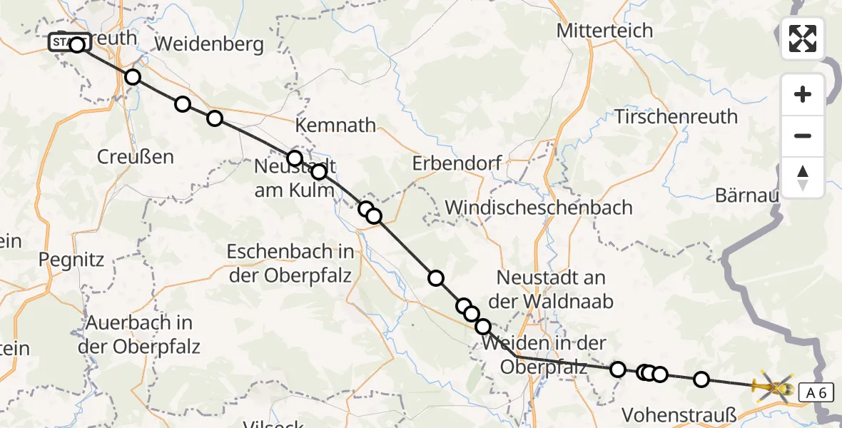 Flugroute Rettungshubschrauber Bayreuth Hospital - Waidhaus, 29 April 2026, 09:13