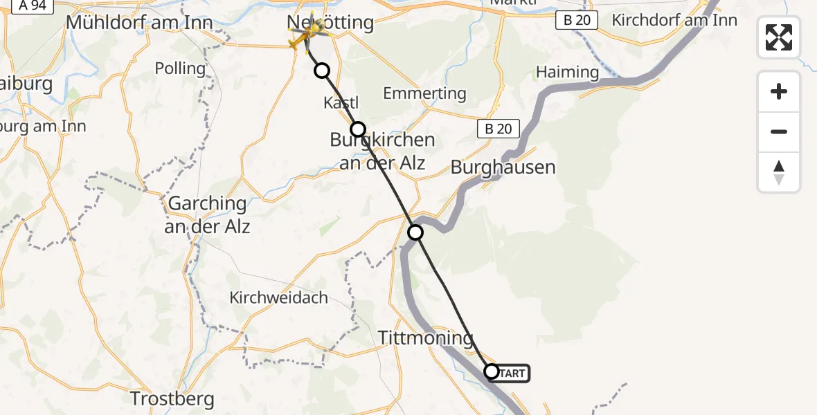 Flugroute Rettungshubschrauber Riedersbach - Altötting, 29 April 2026, 09:16
