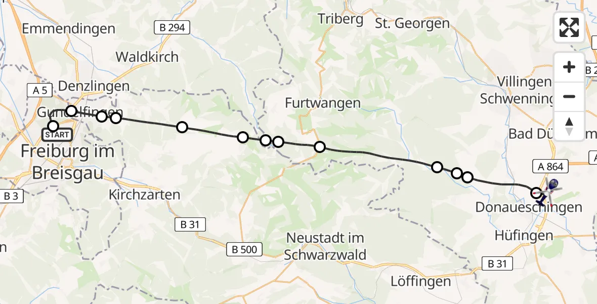 Flugroute Polizeihubschrauber Freiburg im Breisgau Flugplatz - Donaueschingen-Villingen Flugplatz, 29 April 2026, 09:25
