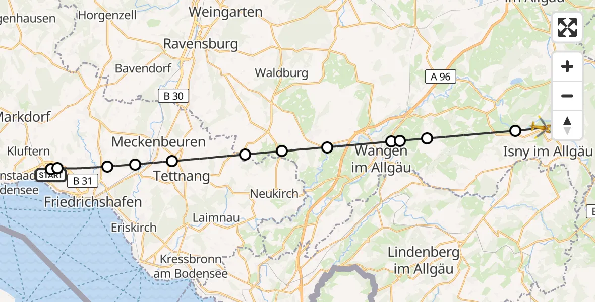 Flugroute Rettungshubschrauber Friedrichshafen Hospital - Isny im Allgäu, 29 April 2026, 09:28