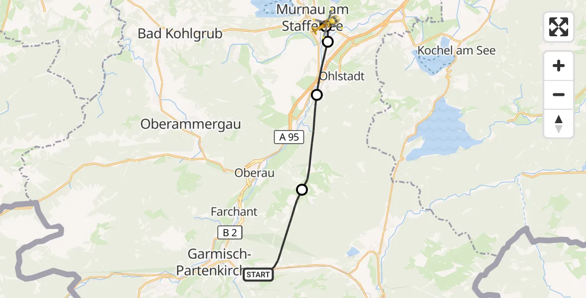 Flugroute Rettungshubschrauber Garmisch-Partenkirchen - Murnau Accident Hospital, 29 April 2026, 09:28