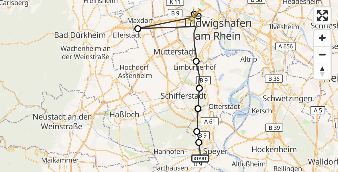 Flugroute Rettungshubschrauber Speyer - Ludwigshafen Accident Hospital Hubschrauberlandeplatz, 29 April 2026, 09:29