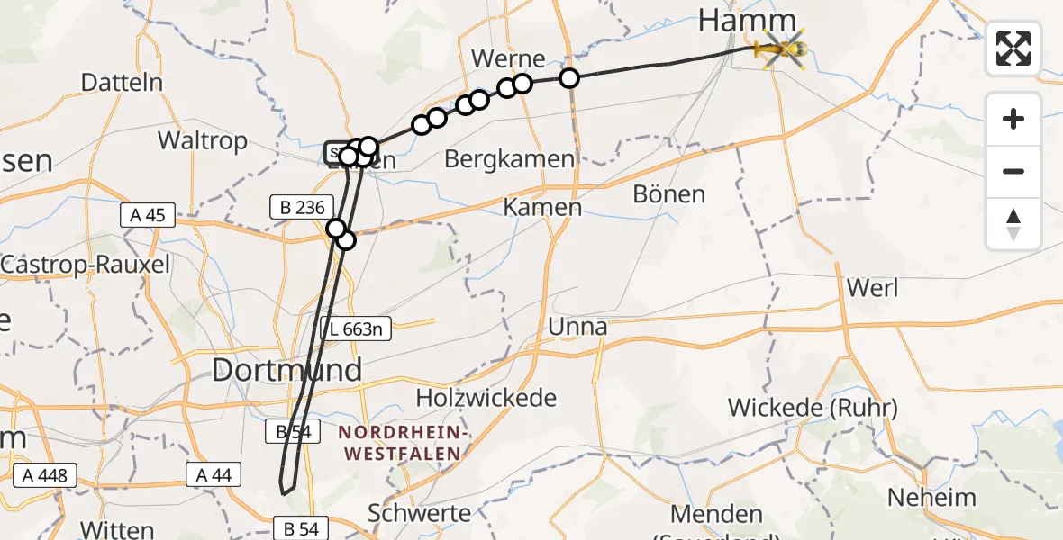 Flugroute Rettungshubschrauber Sankt Marien Hospital - Hamm, 29 April 2026, 09:32