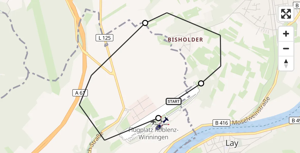 Flugroute Polizeihubschrauber Koblenz-Winningen Flugplatz - Koblenz-Winningen Flugplatz, 29 April 2026, 09:34