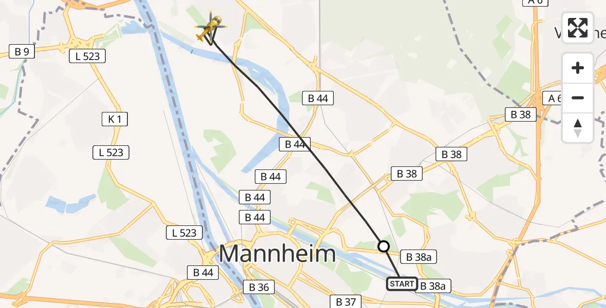 Flugroute Rettungshubschrauber Mannheim-City Flughafen - Mannheim, 29 April 2026, 09:34