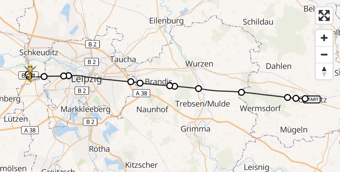 Flugroute Rettungshubschrauber Oschatz - ADAC Air Rescue Station Leipzig/Schkeuditz-Dölzig Hubschrauberlandeplatz (Christoph 61), 29 April 2026, 09:35