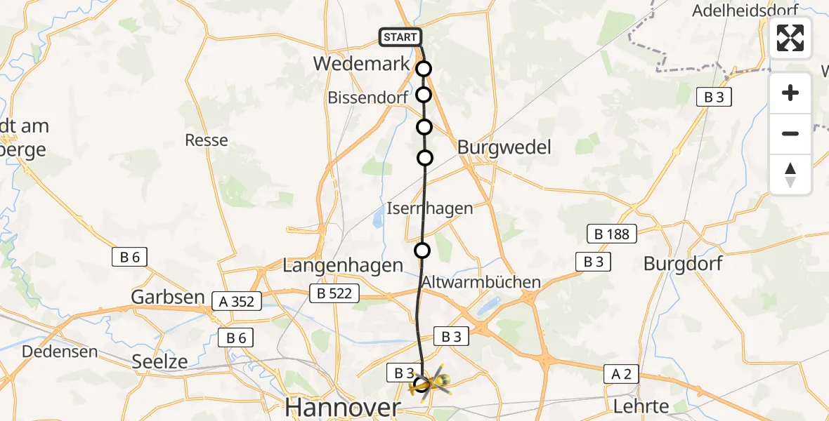 Flugroute Rettungshubschrauber Wedemark - Hannover Luftrettung Hubschrauberlandeplatz (Christoph 4), 29 April 2026, 09:41