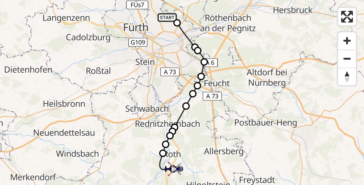 Flugroute Polizeihubschrauber Flughafen Nuremberg - Flugplatz Roth, 29 April 2026, 09:42