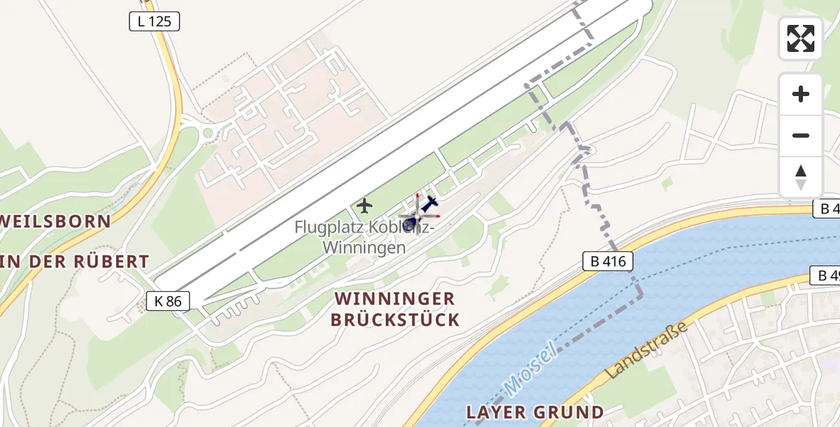 Flugroute Polizeihubschrauber Koblenz-Winningen Flugplatz - Koblenz-Winningen Flugplatz, 29 April 2026, 09:42