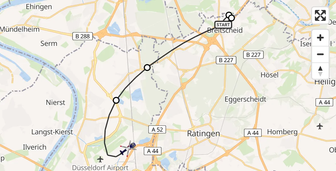 Flugroute Polizeihubschrauber Ratingen - Düsseldorf Flughafen, 29 April 2026, 09:45