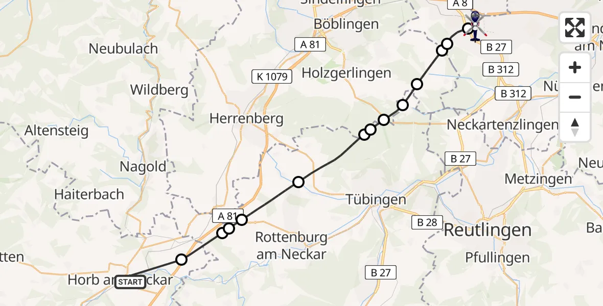 Flugroute Polizeihubschrauber Horb am Neckar - Flughafen Stuttgart, 29 April 2026, 09:45