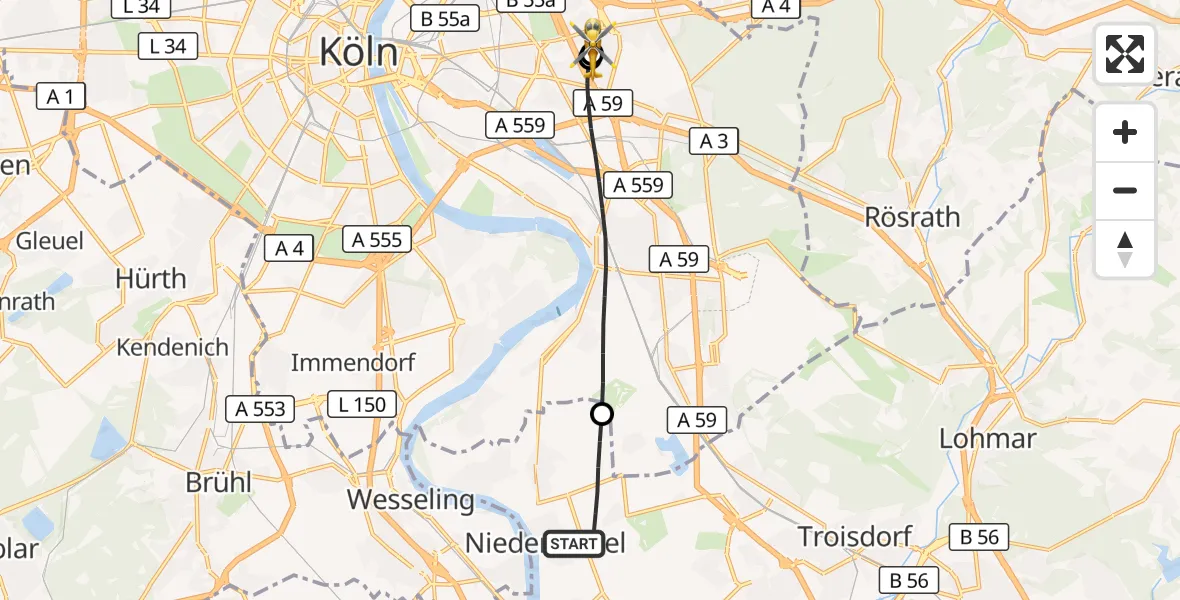Flugroute Rettungshubschrauber Niederkassel - Merheim Hospital, 29 April 2026, 09:49