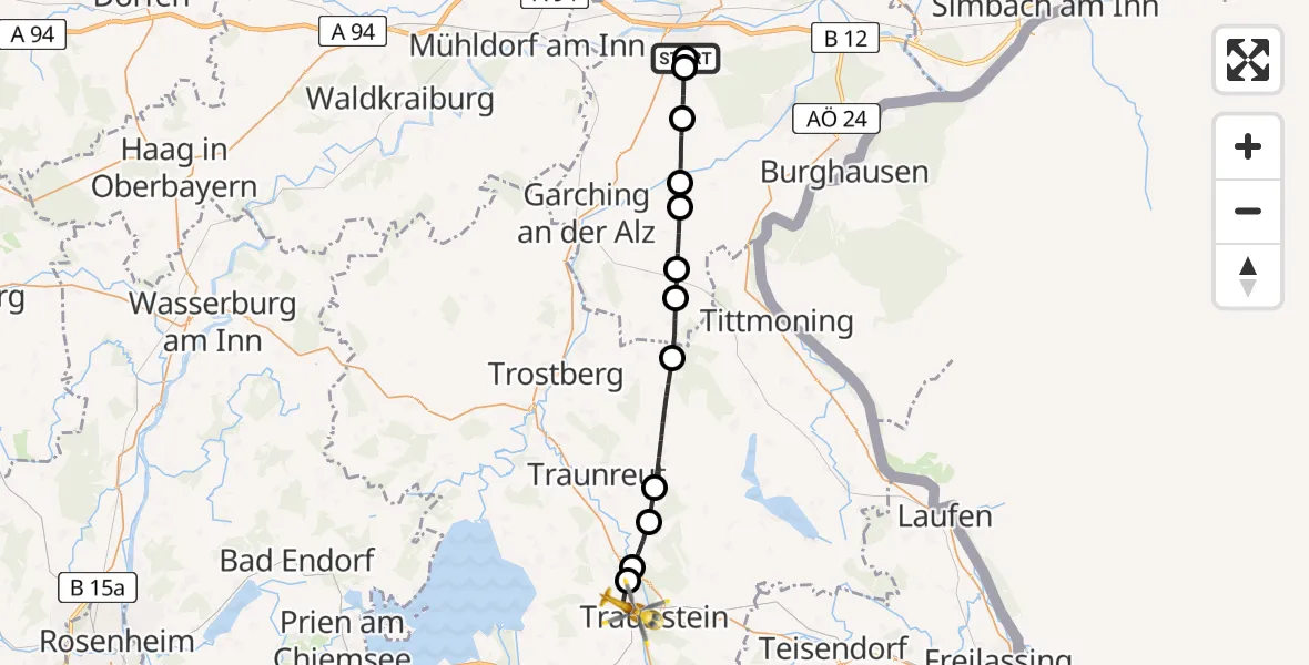 Flugroute Rettungshubschrauber Altötting-Burghausen District Hospital Altötting - Traunstein Krankenhaus Hubschrauberlandeplatz, 29 April 2026, 09:53
