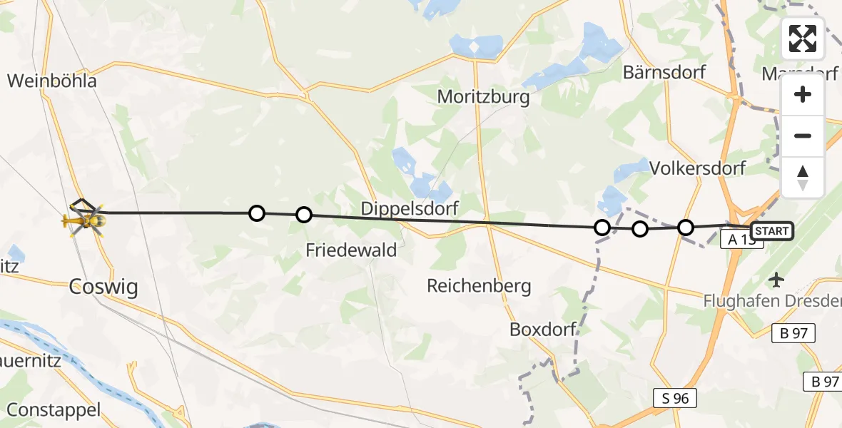 Flugroute Rettungshubschrauber Dresden Flughafen - Coswig, 29 April 2026, 09:58