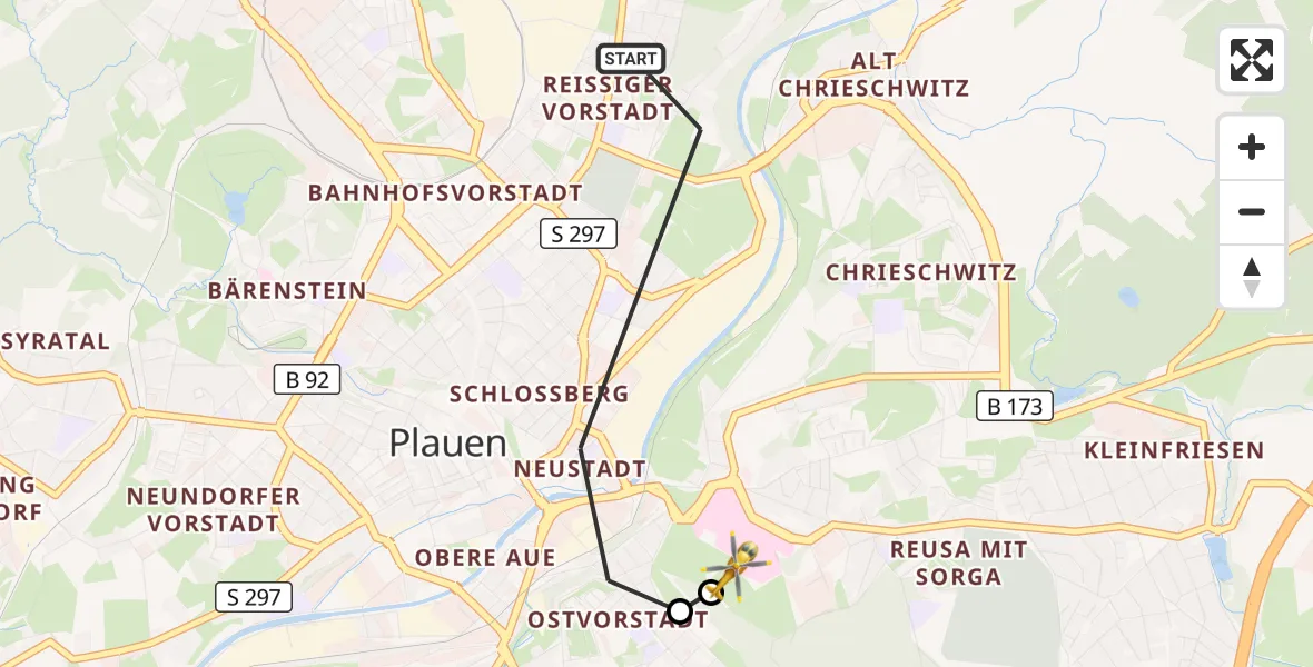 Flugroute Rettungshubschrauber Plauen - Helios Clinic Plauen, 29 April 2026, 10:16