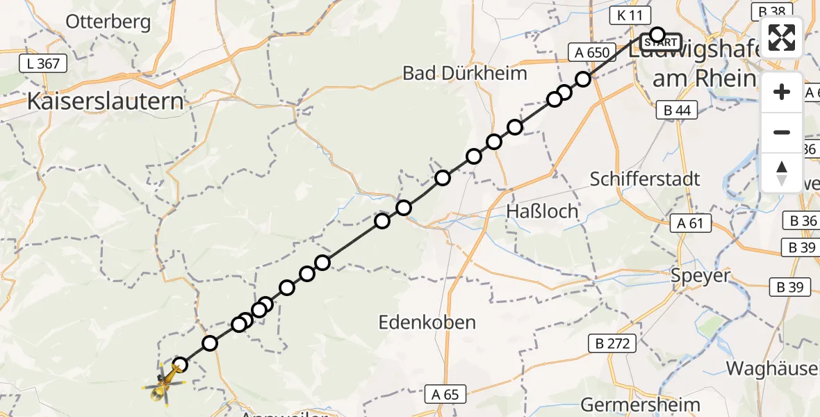 Flugroute Rettungshubschrauber Ludwigshafen Accident Hospital - Wilgartswiesen, 29 April 2026, 10:16