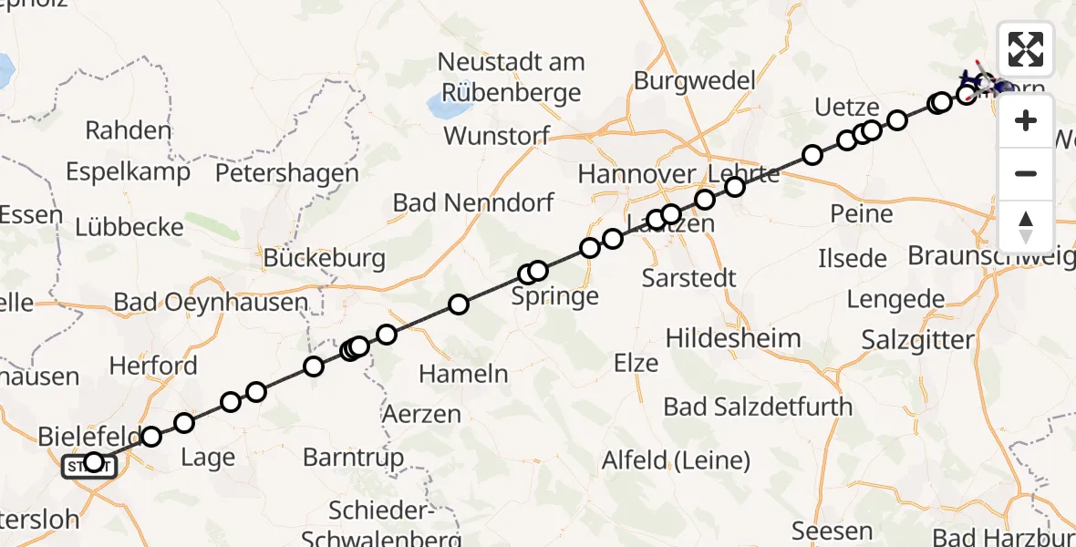 Flugroute Polizeihubschrauber Luftrettungszentrum Bielefeld - Gifhorn Bundespolizei Hubschrauberlandeplatz, 29 April 2026, 10:24