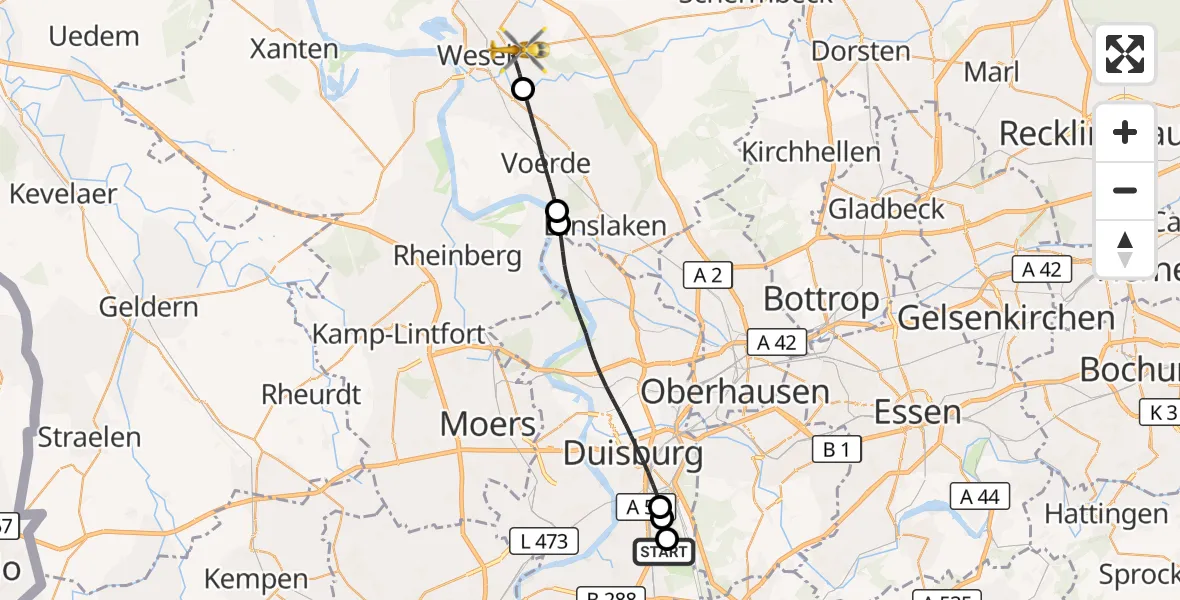 Flugroute Rettungshubschrauber Duisburg Air Rescue Hubschrauberlandeplatz (Christoph 9) - Wesel, 29 April 2026, 10:25