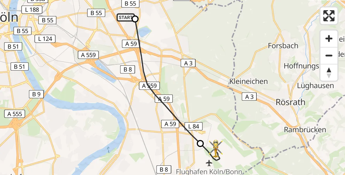 Flugroute Rettungshubschrauber Merheim Hospital - Köln Bonn Flughafen, 29 April 2026, 10:26