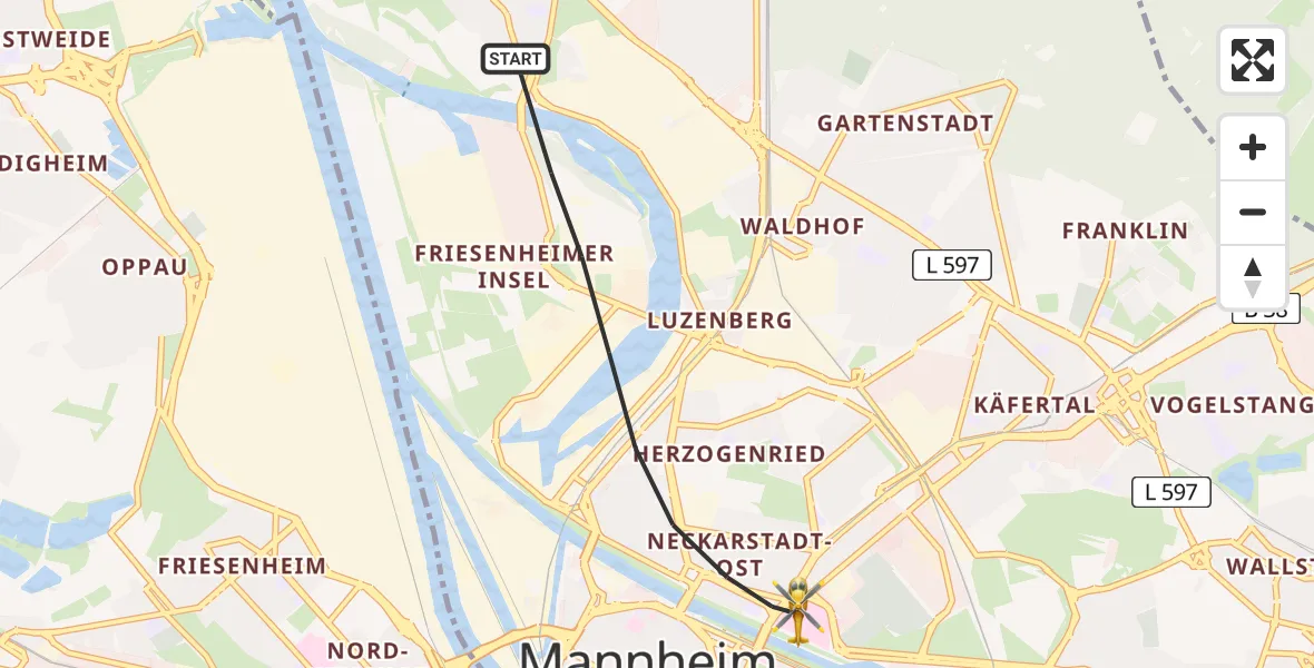 Flugroute Rettungshubschrauber Mannheim - Mannheim, 29 April 2026, 10:30