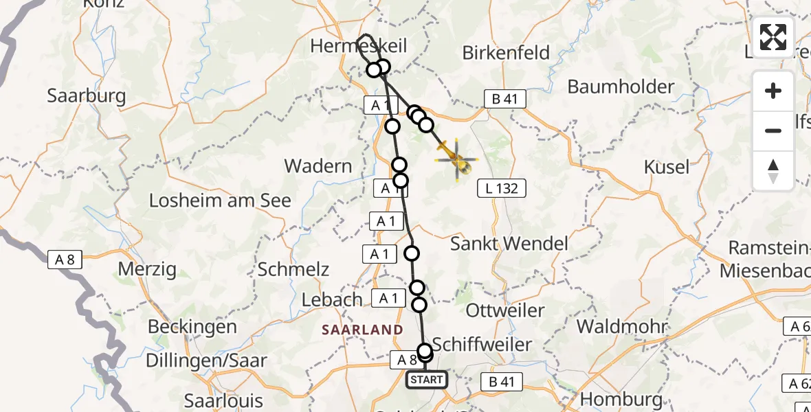 Flugroute Rettungshubschrauber Quierschied - Nohfelden, 29 April 2026, 10:32