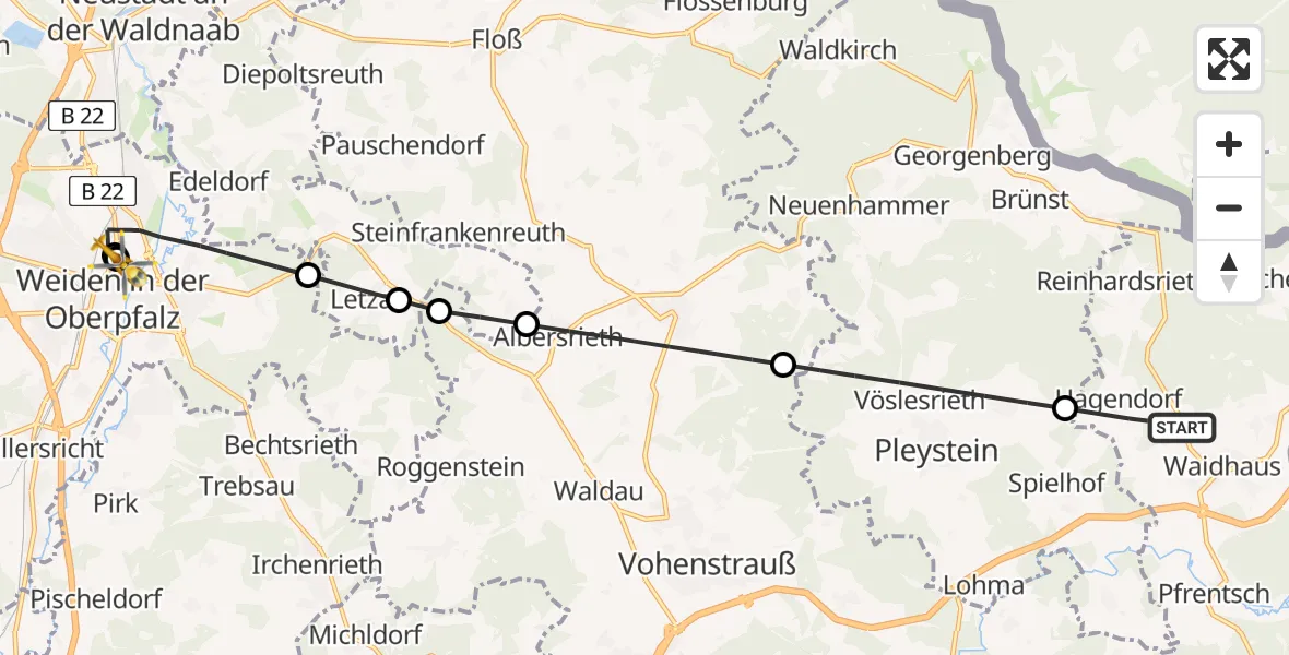 Flugroute Rettungshubschrauber Waidhaus - Weiden Hospital, 29 April 2026, 10:33