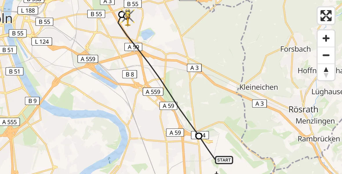 Flugroute Ambulanzhubschrauber Köln Bonn Flughafen - Merheim Hospital, 29 April 2026, 10:37