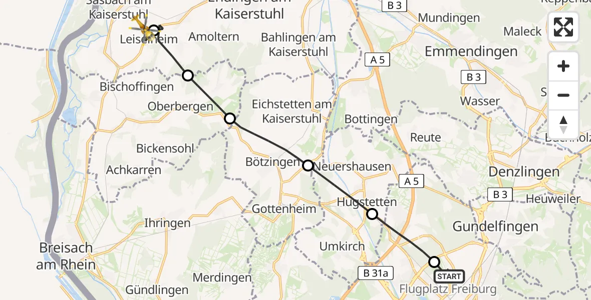 Flugroute Rettungshubschrauber Freiburg im Breisgau Flugplatz - Sasbach am Kaiserstuhl, 29 April 2026, 10:40