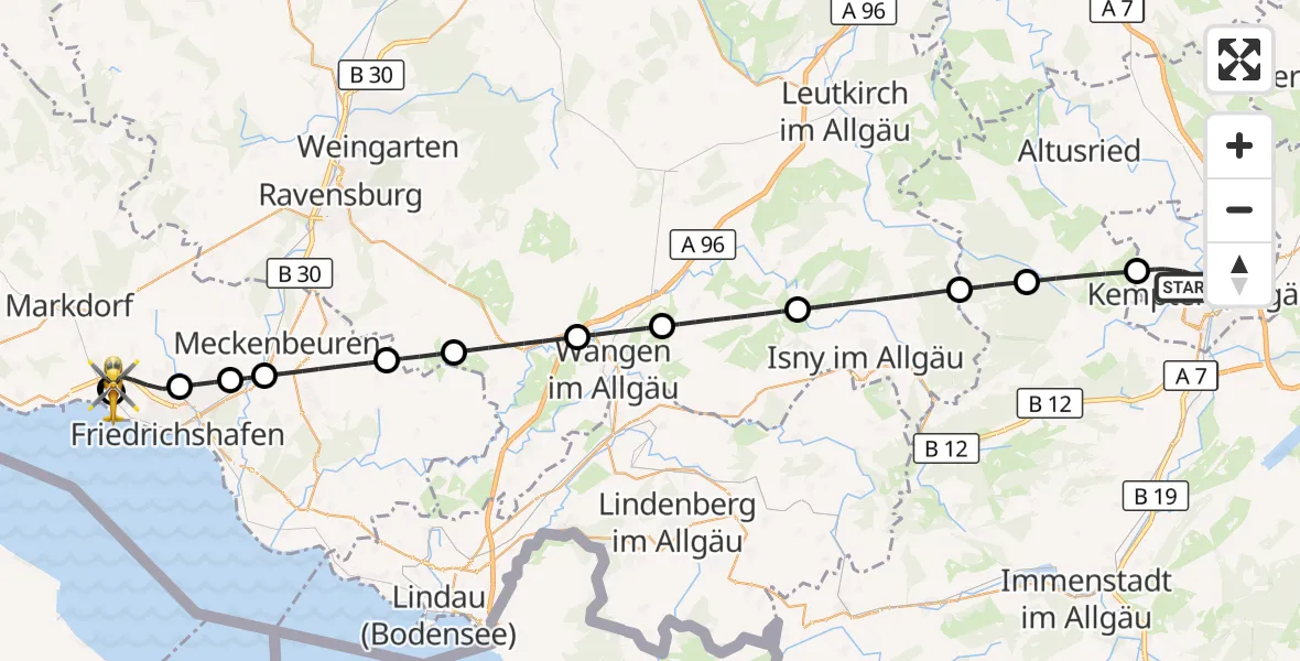 Flugroute Rettungshubschrauber Kempten (Allgäu) - Friedrichshafen Hospital, 29 April 2026, 10:42