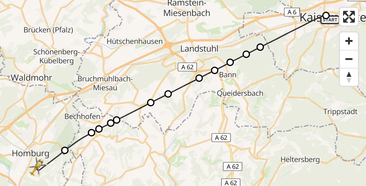 Flugroute Rettungshubschrauber Westpfalz Hospital Kaiserslautern - Homburg, 29 April 2026, 10:51