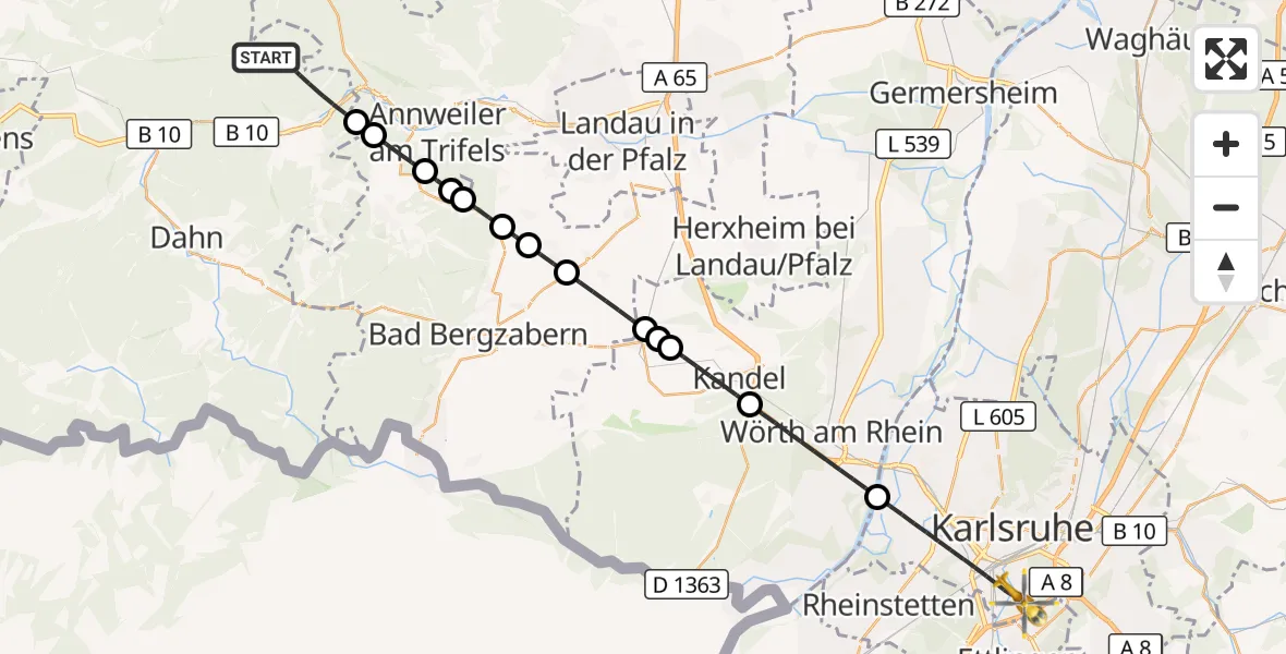 Flugroute Rettungshubschrauber Wilgartswiesen - Karlsruhe, 29 April 2026, 10:51
