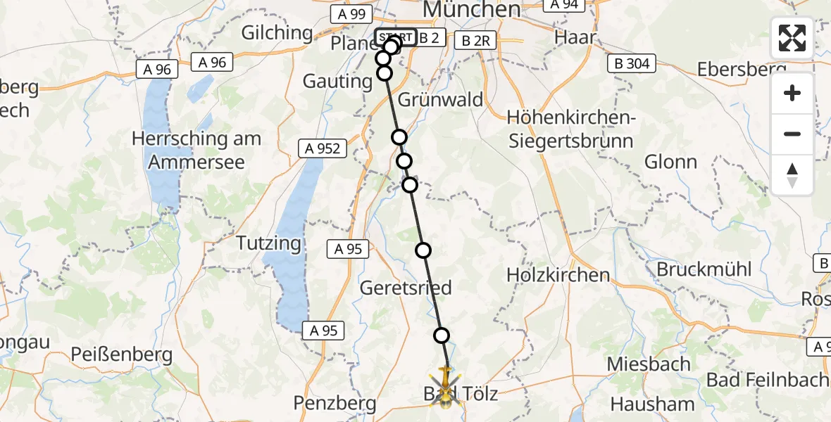Flugroute Rettungshubschrauber DRF Air Rescue München Hubschrauberlandeplatz - Wackersberg, 29 April 2026, 10:53