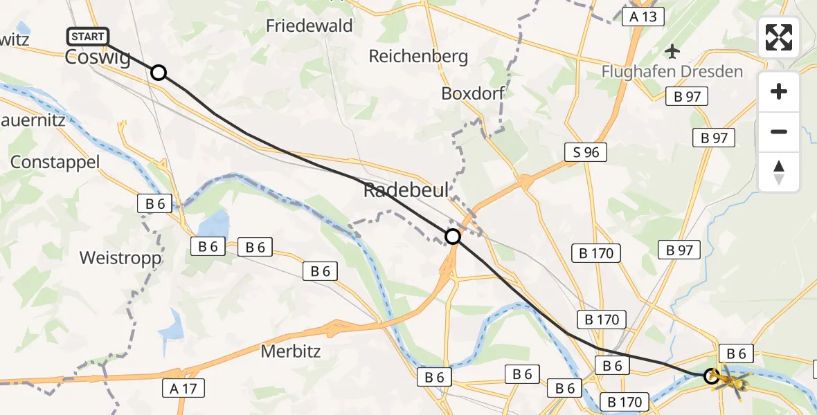 Flugroute Rettungshubschrauber Coswig - Dresden Elbwiesen Hubschrauberlandeplatz, 29 April 2026, 10:53