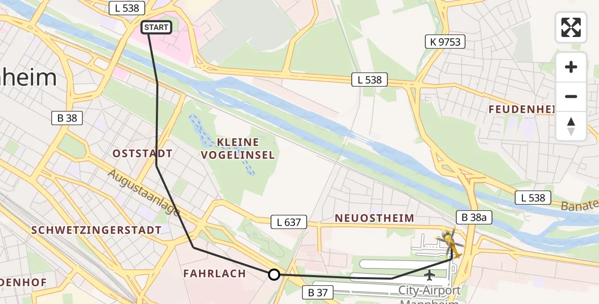 Flugroute Rettungshubschrauber Mannheim - Mannheim-City Flughafen, 29 April 2026, 10:58