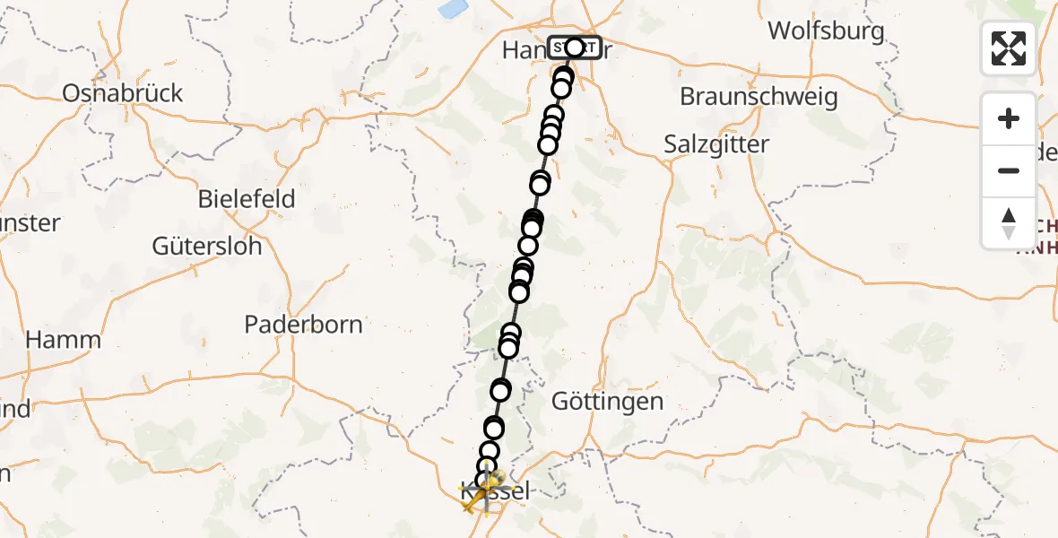Flugroute Rettungshubschrauber Hannover Luftrettung Hubschrauberlandeplatz (Christoph 4) - Kassel, 29 April 2026, 10:58