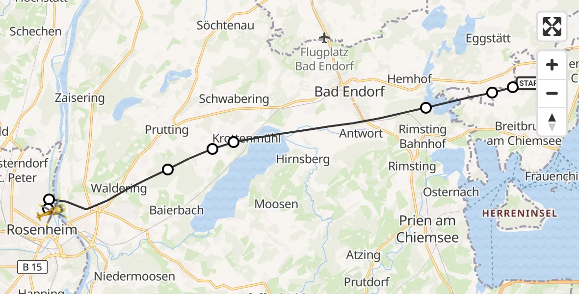 Flugroute Rettungshubschrauber Gstadt a.Chiemsee - RoMed Hospital Rosenheim, 29 April 2026, 10:59