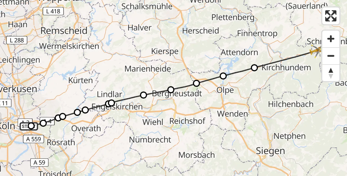 Flugroute Ambulanzhubschrauber Merheim Hospital - Schmallenberg, 29 April 2026, 11:00