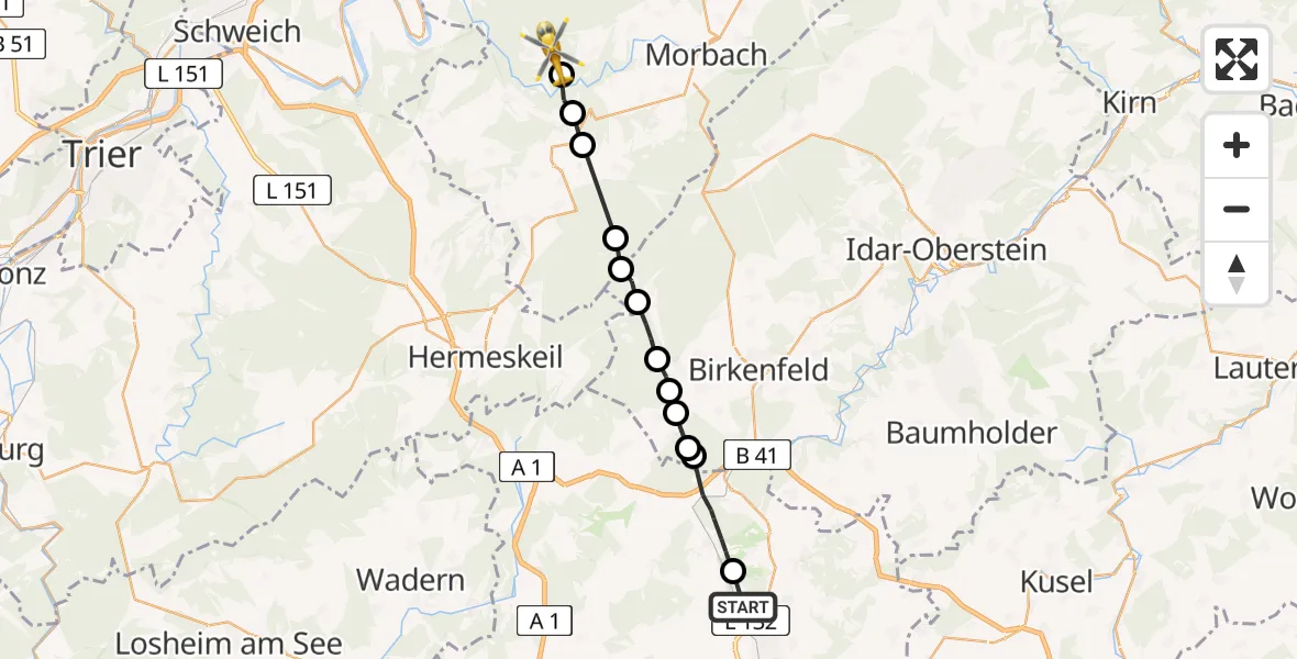 Flugroute Rettungshubschrauber Namborn - Merschbach, 29 April 2026, 11:03