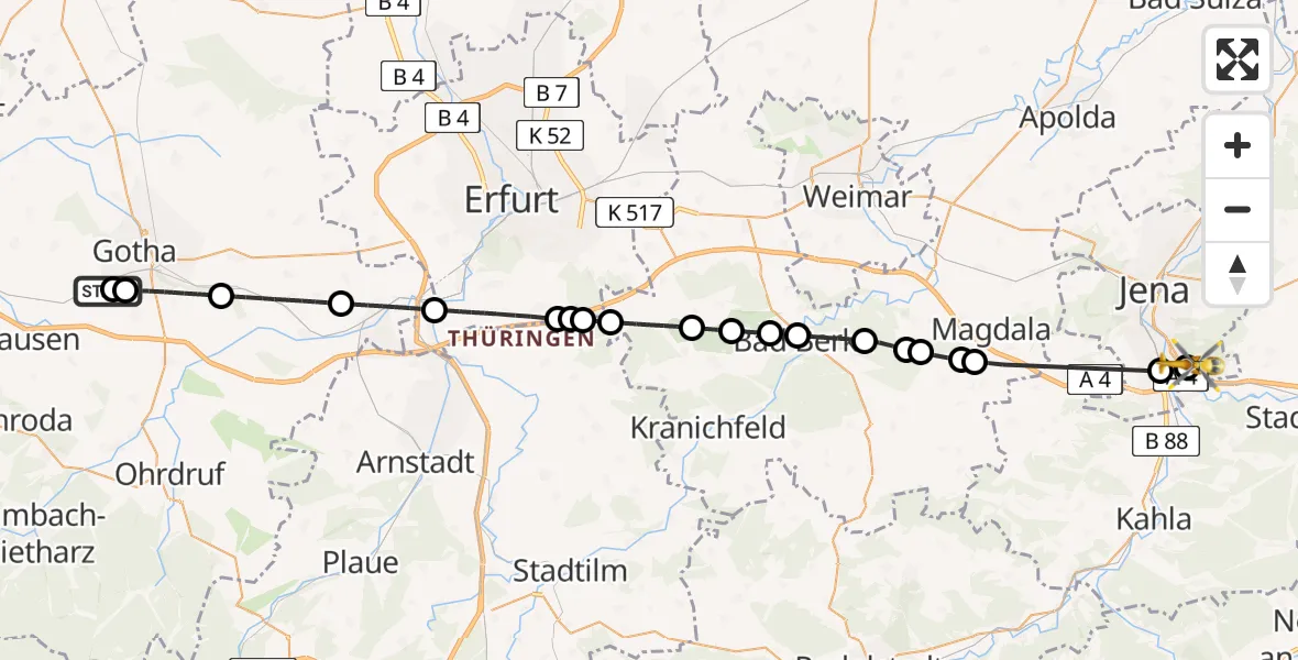 Flugroute Ambulanzhubschrauber Helios Clinic Gotha - Jena University Hospital, 29 April 2026, 11:05