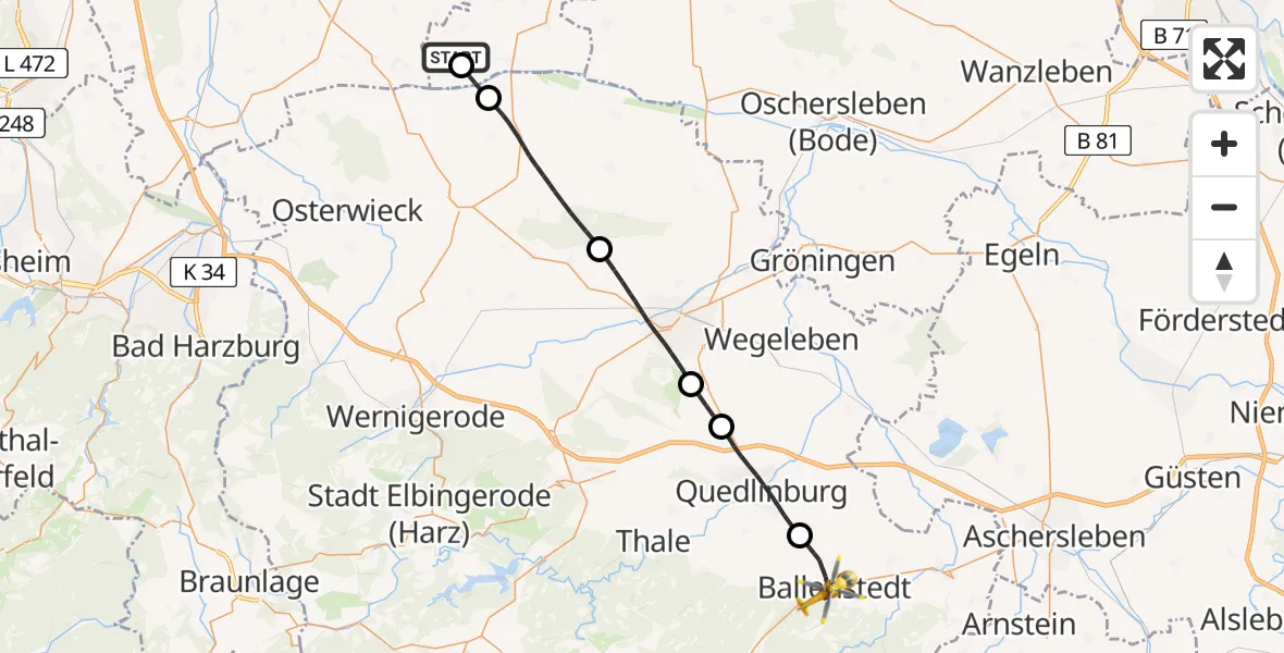 Flugroute Rettungshubschrauber Gevensleben - Ballenstedt, 29 April 2026, 11:08