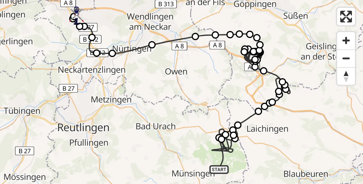 Flugroute Polizeihubschrauber Gutsbezirk Münsingen - Flughafen Stuttgart, 29 April 2026, 11:09