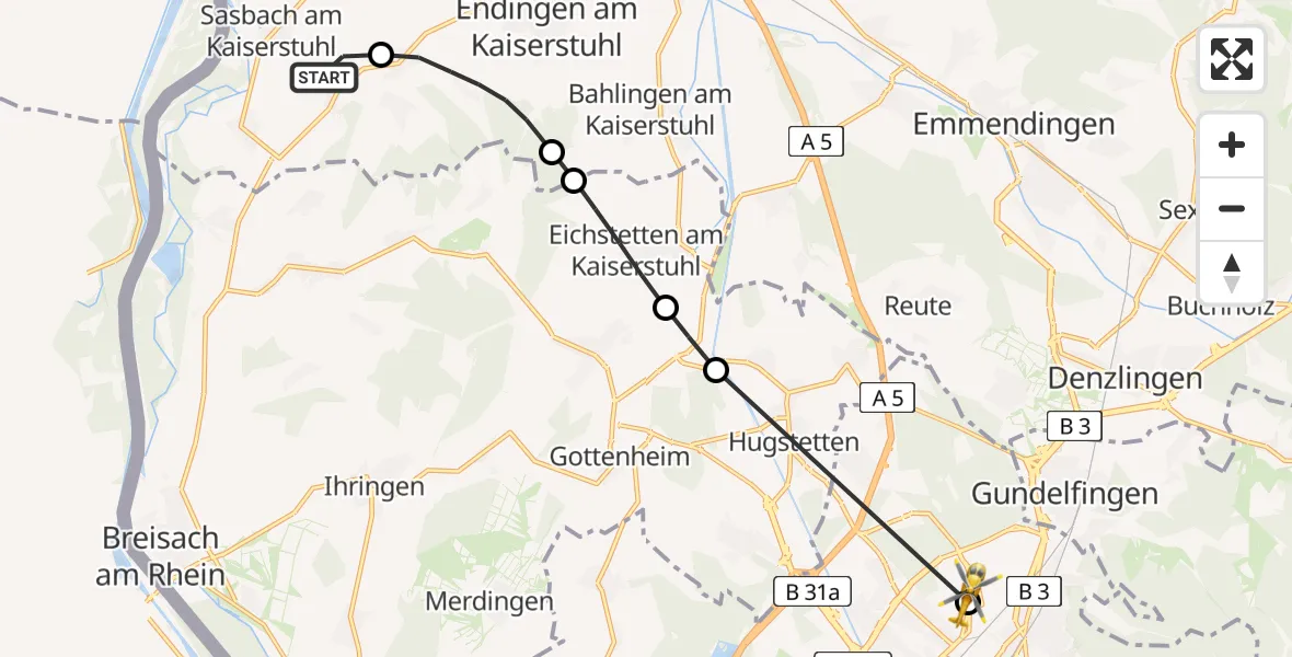 Flugroute Rettungshubschrauber Sasbach am Kaiserstuhl - Freiburg im Breisgau Flugplatz, 29 April 2026, 11:19