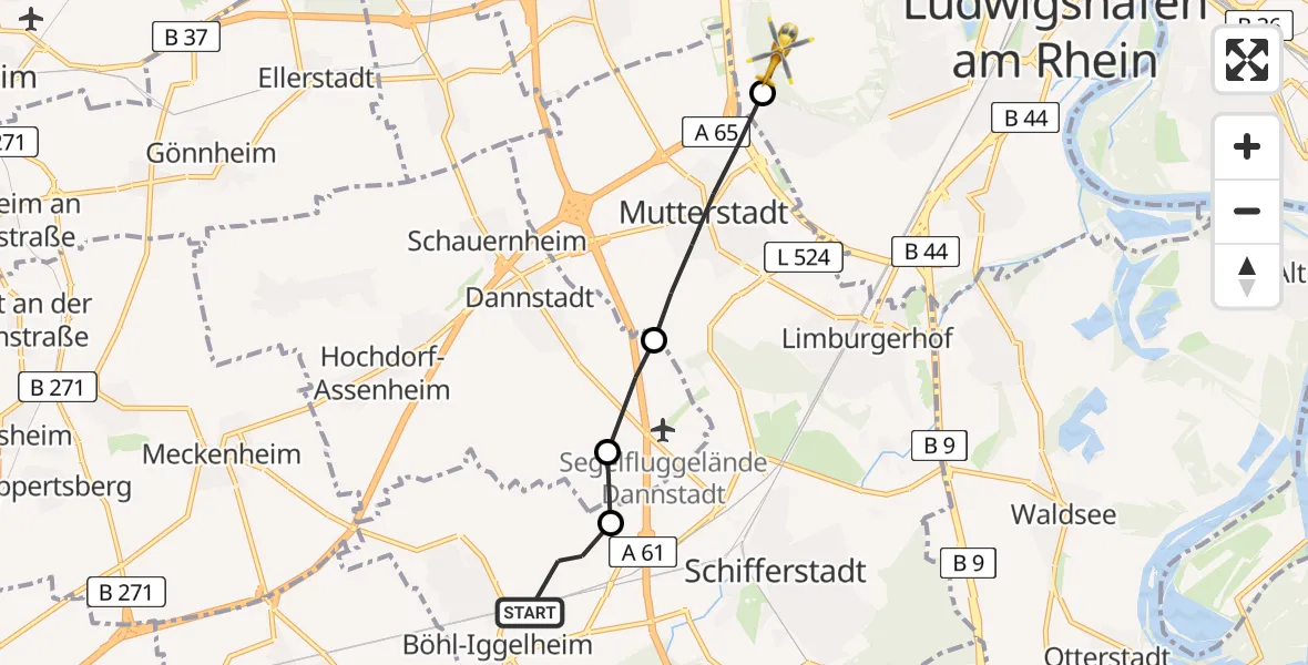 Flugroute Rettungshubschrauber Böhl-Iggelheim - Ludwigshafen am Rhein, 29 April 2026, 11:20